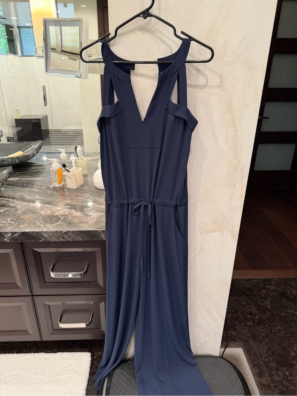 BCBGMaxAzria Navy V-Neck Sleeveless Jumpsuit with Drawstring Waist